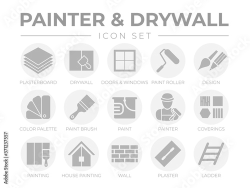 Round Gray Painter and Drywall Icon Set with Plasterboard, Paint Roller, Brush, Painter Color Palette, Painting, Wall, Plaster, Ladder Icons