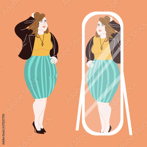 The character of a curvy beautiful confident woman in front of the mirror. Happy plump woman in a skirt and jacket with heels. Illustration in flat style with a woman. Love for your body.