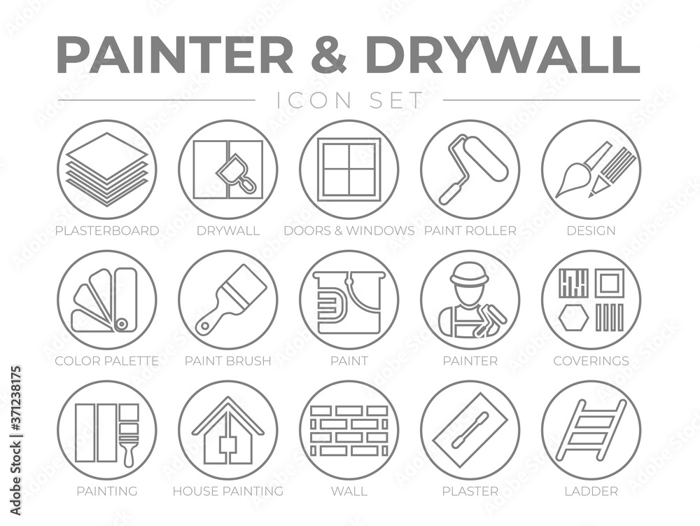 Painter and Drywall Round Outline Icon Set Painter and Drywall Round Outline Icon Set