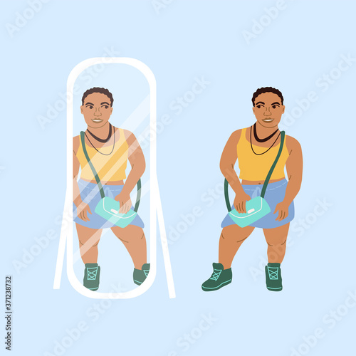 A beautiful African-American woman of small stature at the mirror. People with achondroplasia disease. A girl with an unusual appearance. 