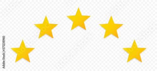 Quality rating symbols. A set of five-pointed yellow stars with a shadow arranged in an arc. Isolated on transparent background. Product quality assessment icons. Vector illustration.