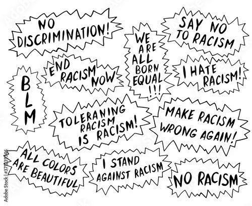 Set of vector lettering handwritten on theme of antiracism, protesting against racial inequality and revolutionary design. For flyers, stickers, posters, action, slogan