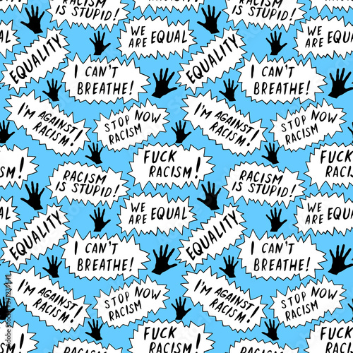 Seamless vector pattern with lettering handwritten on theme of antiracism, protesting against racial inequality and revolutionary design