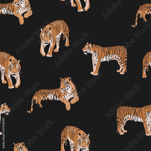 Exotic tiger animal pattern vintage background illustration seamless pattern. Trendy composition beach wallpaper.