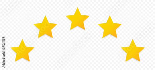 Quality rating symbols. A set of five-pointed yellow stars with a shadow arranged in an arc. Isolated on transparent background. Product quality assessment icons. Vector illustration.