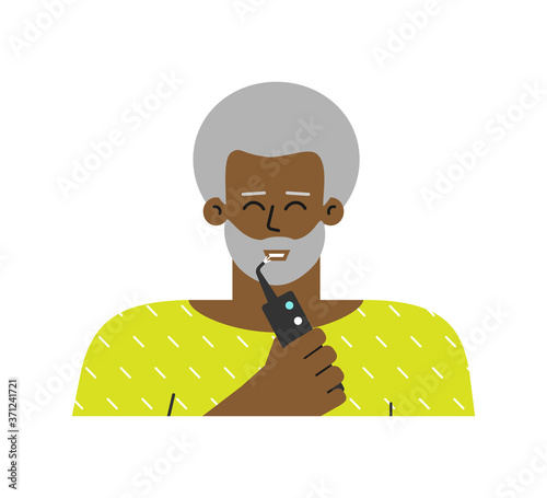 Vector isolated flat illustration. Grey-haired african american senior man is cleaning teeth by oral water pick (irrigator). Daily dental routine to prevent caries, remove tartar, have white teeth