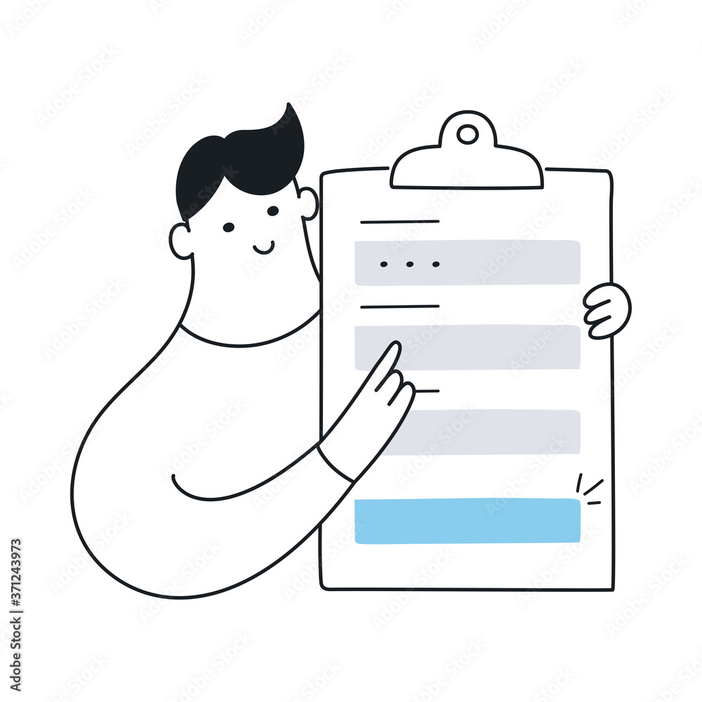 Registration form. Cute cartoon man with a registration sign up form,  filling all fields for signing in. CTA concept, clipboard with fields to  fill. Flat line vector icon on white background Stock