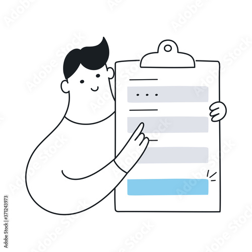 Registration form. Cute cartoon man with a registration sign up form, filling all fields for signing in. CTA concept, clipboard with fields to fill. Flat line vector icon on white background