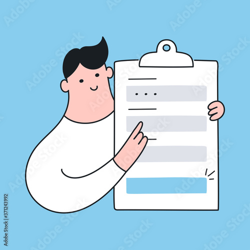 Registration form. Cute cartoon man with a registration sign up form, filling all fields for signing in. CTA concept, clipboard with fields to fill. Flat line vector icon on blue background
