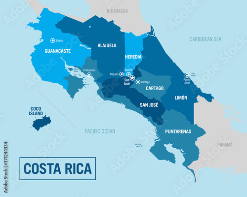 Costa Rica country political map. Detailed illustration with isolated regions, provinces, departments, states and cities easy to ungroup. San jose, Central America. photo