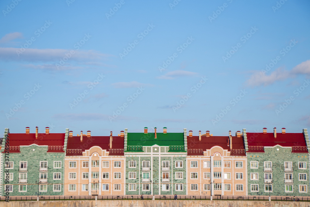 panoramic image of houses in Brugge Embankment in Yoshkar-Ola, Russia.