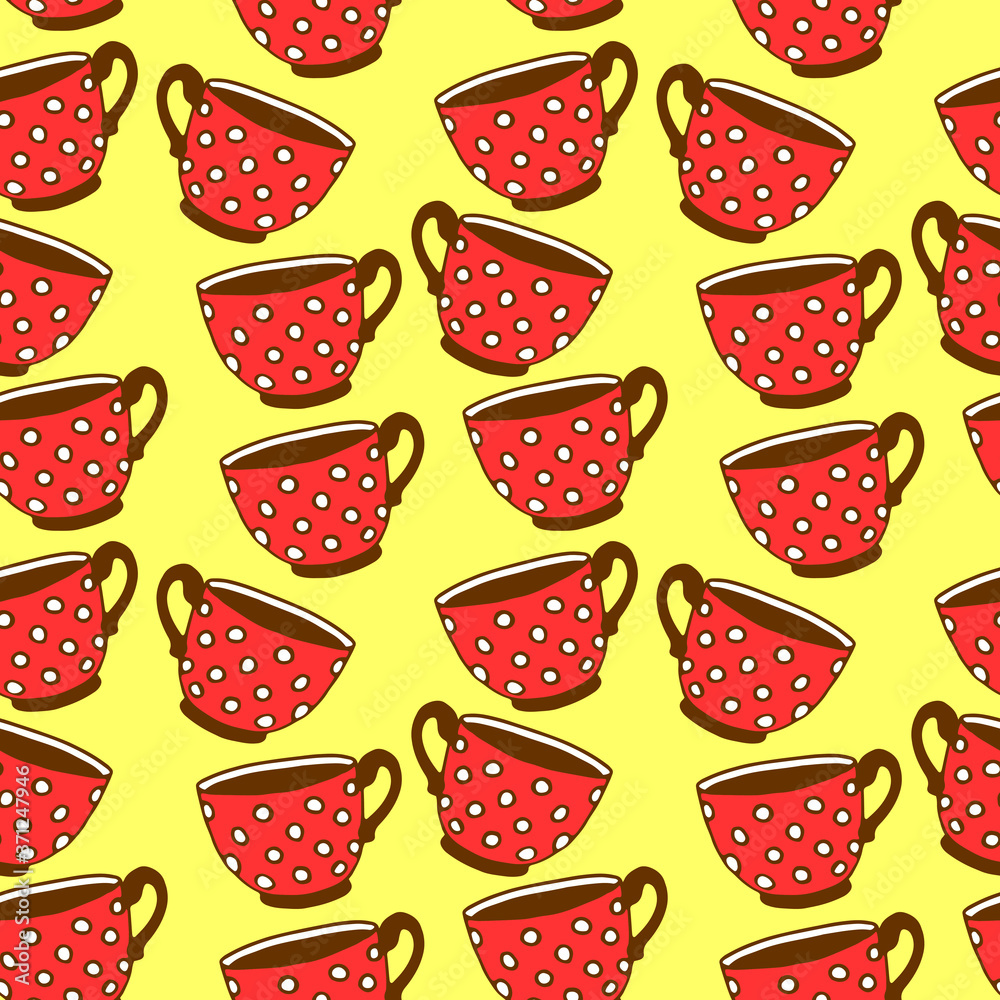 Seamless pattern with red polka dot cups. Vector background and texture with Mugs from hot drink. Hand drawn kitchen supplies isolated. Perfect for packaging, home decoration, textile, menu, cafe Seamless pattern with red polka dot cups. Vector background and texture with Mugs from hot drink. Hand drawn kitchen supplies isolated. Perfect for packaging, home decoration, textile, menu, cafe