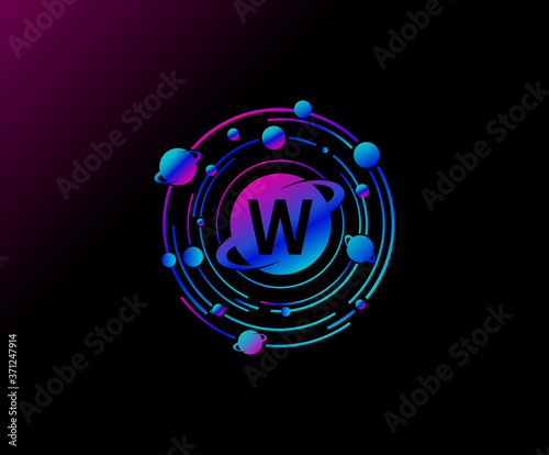 Orbit W Letter Design. Modern planet with line of orbit. Colorful abstract Circle geometry planet logo.