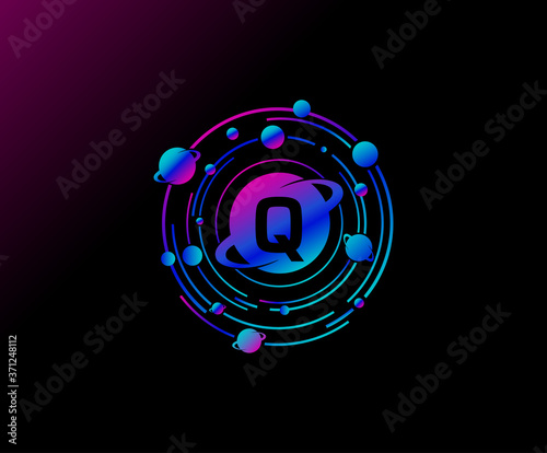 Orbit Q Letter Design. Modern planet with line of orbit. Colorful abstract Circle geometry planet logo.