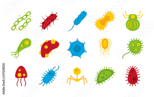 icon set of bacterias shapes and bacteriophage, flat style