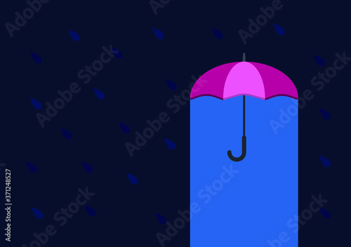 umbrella in rain with copy space in flat color style