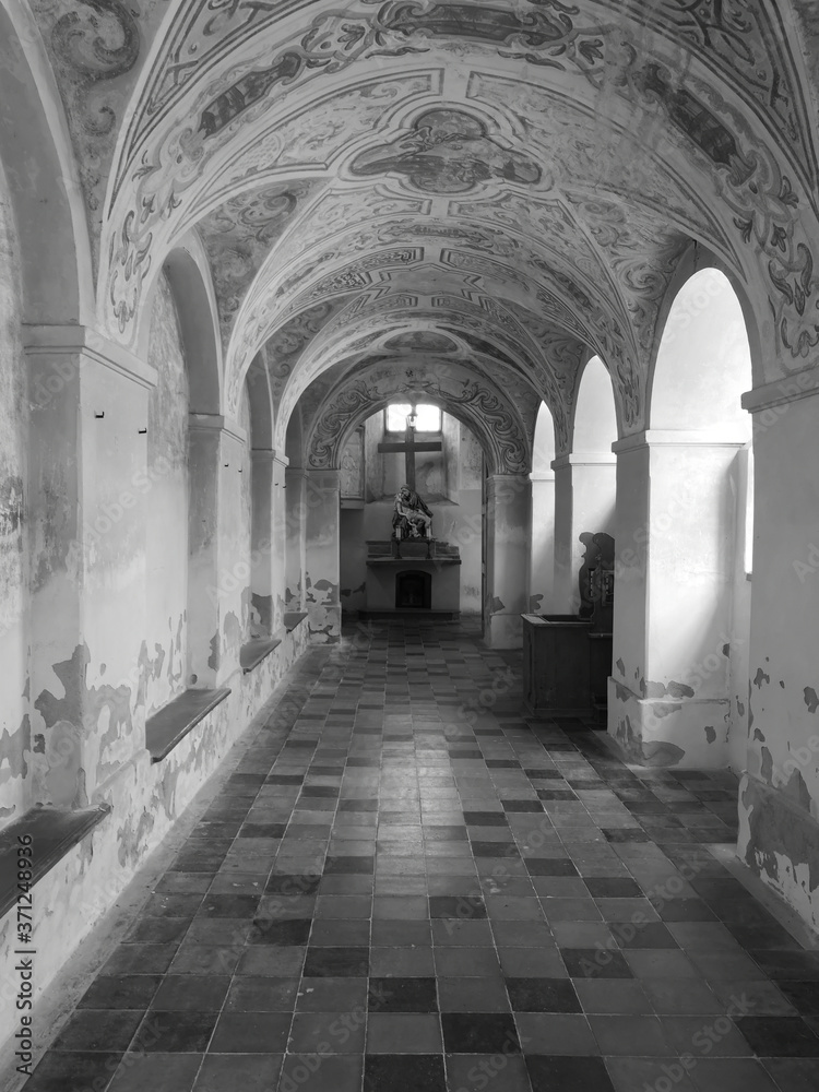 Interior Catholic Roman Sanctuary. Artistic look in black and white.