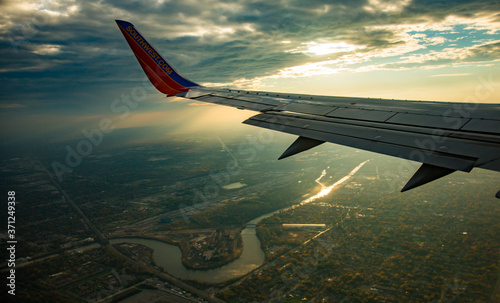 An aerial photo at sunset shot of Little Calumet River, near  Chicago, Il.