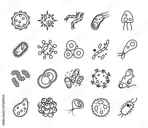 coronavirus and bacterias shapes icon set, line style