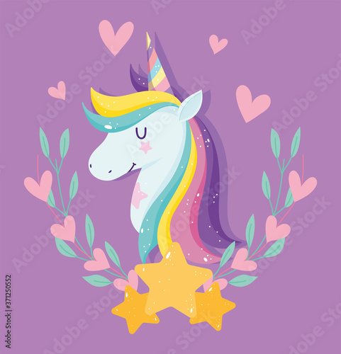 unicorn with pink stars hearts rainbow mane floral fantasy cartoon