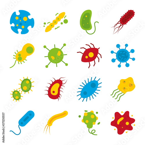 icon set of echerichia coli and bacterias shapes, flat style