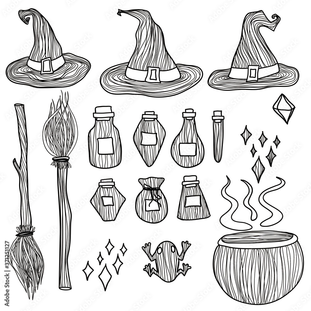 Obraz premium Witch or Wizard set Halloween hand drawn doodle set