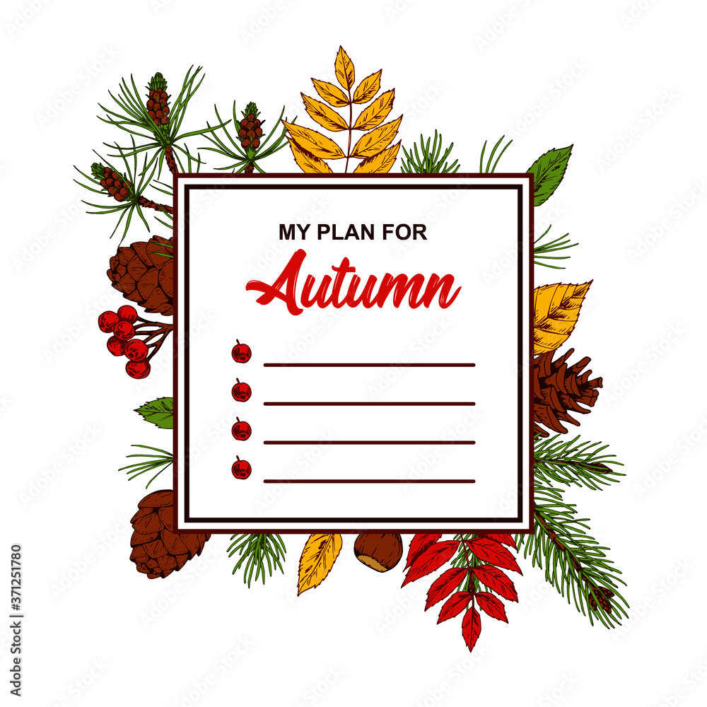 Hand drawn colorful autumn frame with falling leaves, berries and ...
