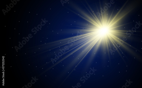 Special lens flash, light effect. The flash flashes rays and searchlight. illust.White glowing light. Beautiful star Light from the rays. The sun is backlit. Bright beautiful star. Sunlight. Glare.