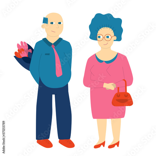 Aged man with suprise flowers and woman, senior adults standing together cartoon characters. Cheerful old couple flat vector illustration. Married pair, happy romantic relationship, retirement.