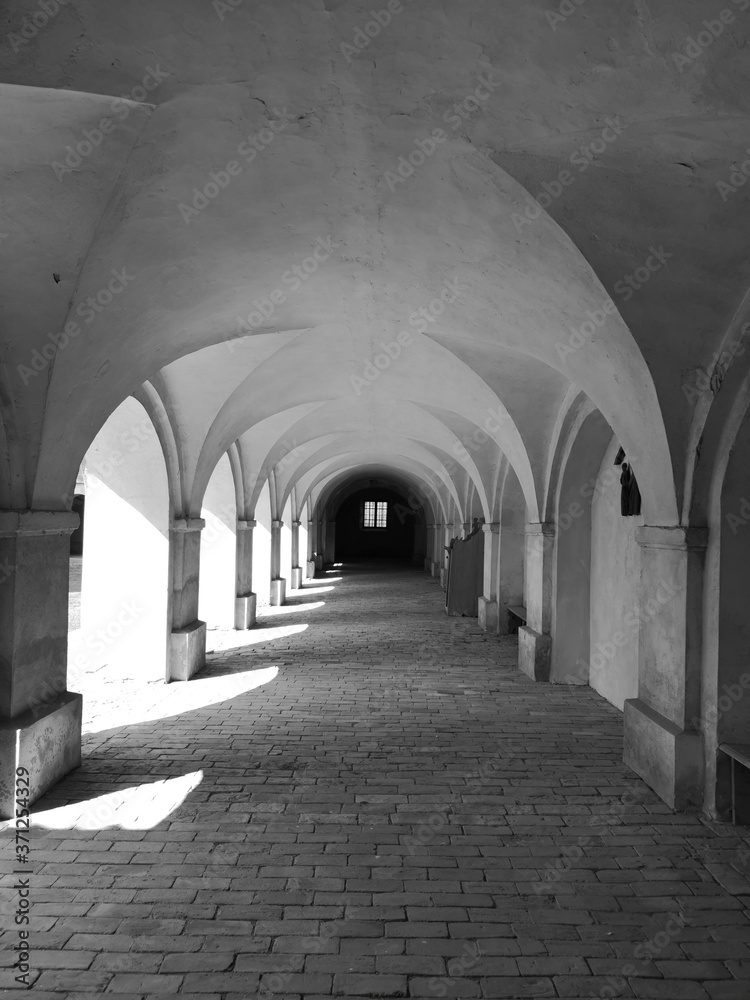 Interior Roman catholic sanctuary. Artistic look in black and white.