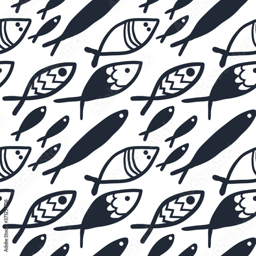 Seamless pattern of fish. Marine themed. Figure for textiles. Repeating texture.
