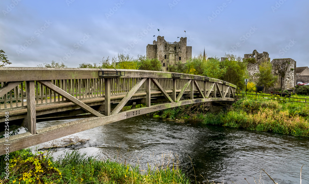 A wooden bridge spans the River Boyne at Trim, Ireland