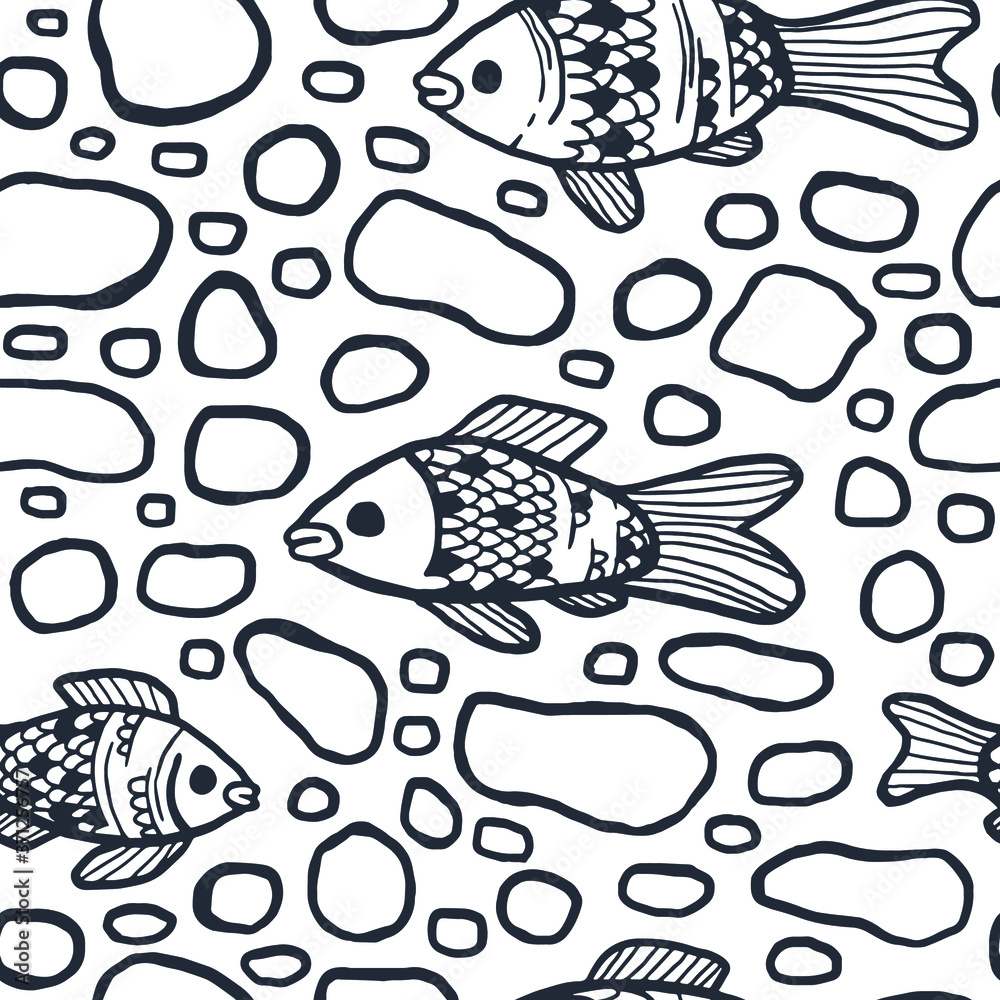 Seamless pattern of fish and bubbles. Marine themed. Figure for textiles. Repeating texture.