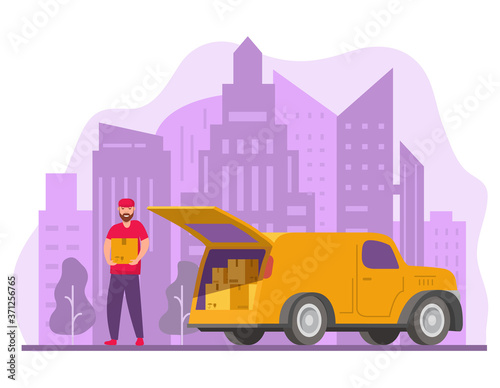 Delivery service and logistics.Mover unloading cardboard boxes from van.Man unloading box from truck.Delivering cargo.Unload delivery car boxes.Courier with parcel. Skyline of skyscrapers.Vector flat.