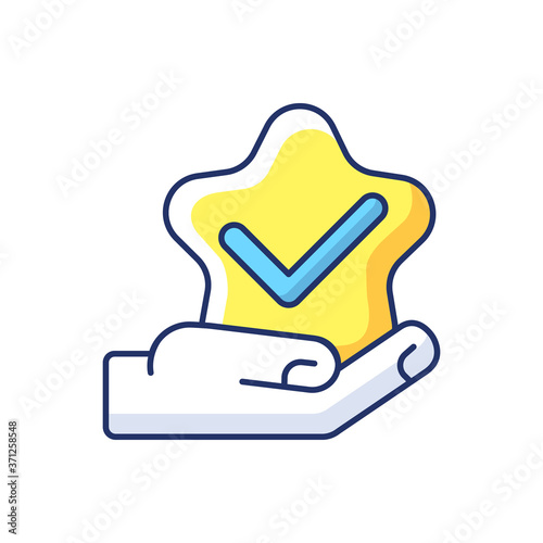 Star review RGB color icon. Customer service satisfaction. Client feedback. Vote for best. Quality check. Tick mark. Positive assessment. Approve business. Isolated vector illustration
