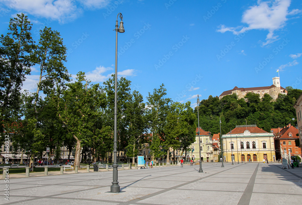 The park at Congress Square in the center of Ljubljana on a summers day