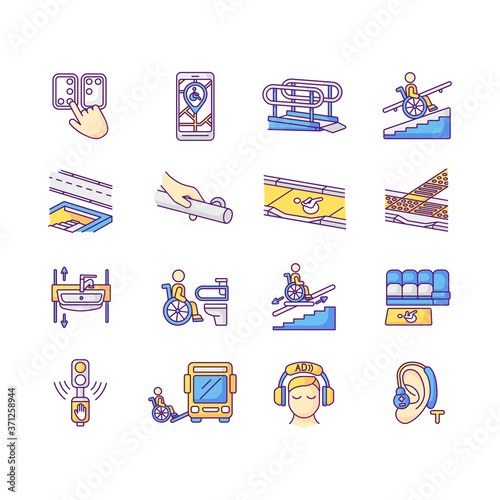 Accessibility facilities RGB color icons set. Handrails and stair lift. Adjustable height sink. Tactile guidance. Accessible toilet. Acoustic traffic lights signals. Isolated vector illustrations