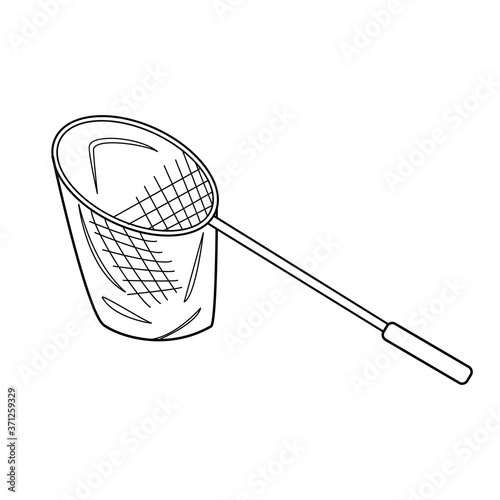 Fishing net. Black and white outline vector illustration. Isolated on a white background.