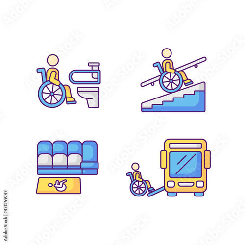 Wheelchair users facilities RGB color icons set. Avoiding stairs. Accessible toilet. Vertical platform lift. Accessible transportation. City infrastructure. Isolated vector illustrations