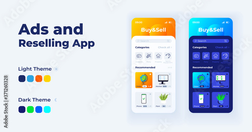 Ads and reselling app cartoon smartphone interface vector templates set. Mobile app screen page day and night mode design. Reselling online UI for application. Phone display with flat illustrations photo