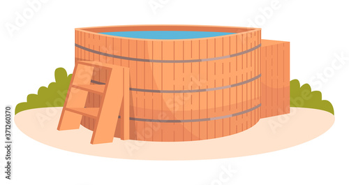 Japanese bath semi flat RGB color vector illustration. Hot tub for relaxation and lounge. Wooden pool with warm liquid. Japan hot springs bathtub isolated cartoon object on white background