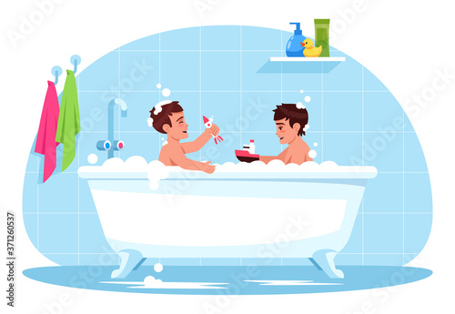 Baby boys play in bath semi flat RGB color vector illustration. Kids play with plastic toys in bathroom. Toddlers in bubble bath. Children in bathtub isolated cartoon characters on blue background