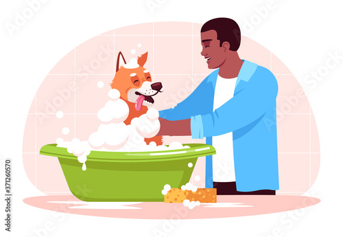 Man washing dog semi flat RGB color vector illustration. Cleaning domestic animal in bath. Puppy hygiene. Shower for doggy. Pet owner with dog isolated cartoon character on pink background