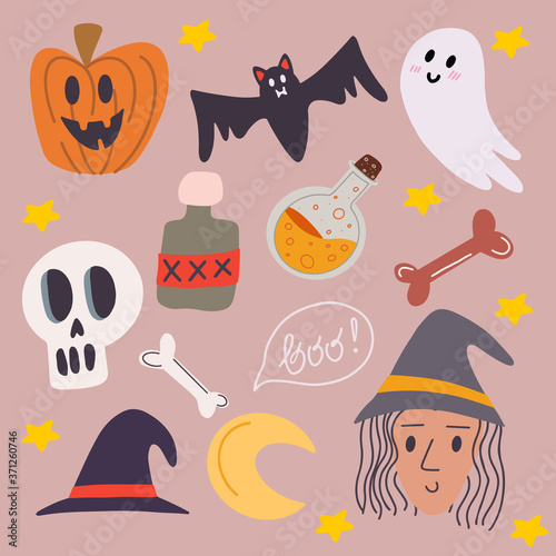 Happy halloween concept. Big Set of halloween attributes. Beautiful illustrations of a terrible and frightening holiday. Doodle drawing vector illustration of halloween attributes.