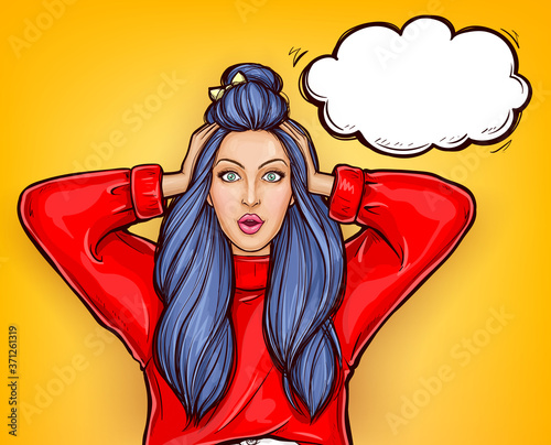 Pop art surprised girl in red sweatshirt with wide open eyes and mouth on yellow background. Young purple hair woman with amazed face touches head with her hands. Poster for ad sales and discounts.