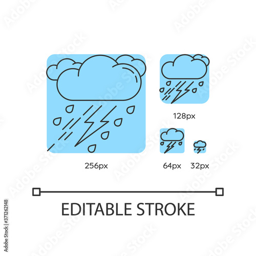Thunderstorm turquoise linear icons set. Bad weather, meteo forecast. Raining cloud with lightning. Thin line customizable 256, 128, 64 and 32 px vector illustrations. Contour symbols. Editable stroke
