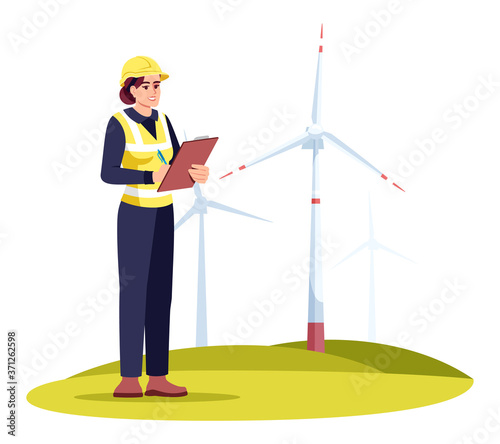 Alternative energy engineer semi flat RGB color vector illustration. Electricity ecological generators. Renewable electric power industry female worker isolated cartoon character on white background