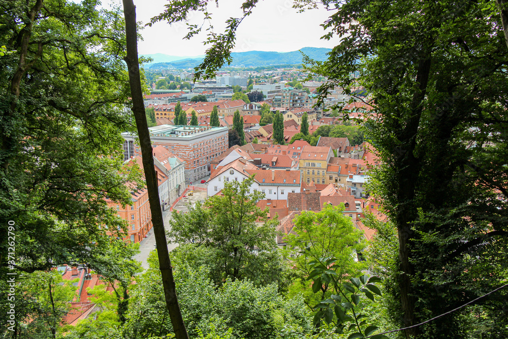 Obraz premium A view through the trees from the view point on Ljubljana Castle, Slovenia