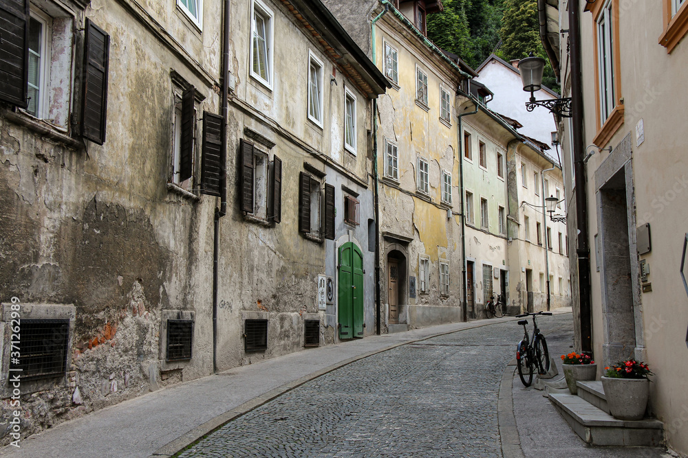 An old, historic, medieval street in Ljubljana, near Ljubljana castle, Slovenia