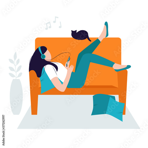 Relaxing concept, stay at home. Girl chilling on the sofa with headphones and listening to music. Woman resting and enjoying the sounds. Isolated vector illustration